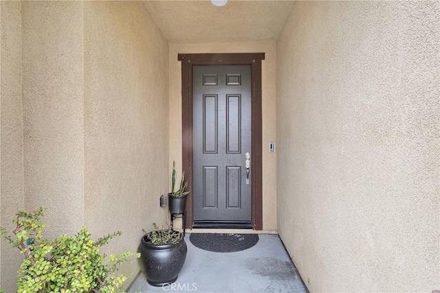 view of exterior entry featuring stucco siding