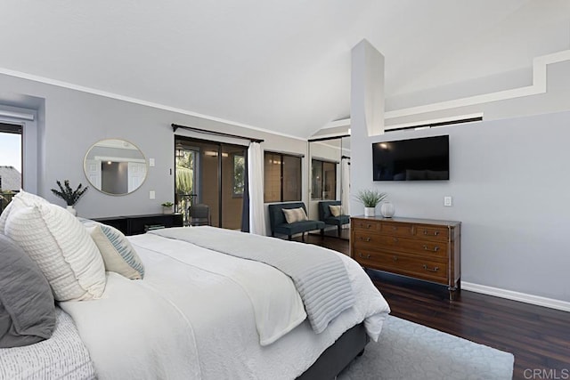 bedroom with access to outside, wood finished floors, baseboards, and vaulted ceiling