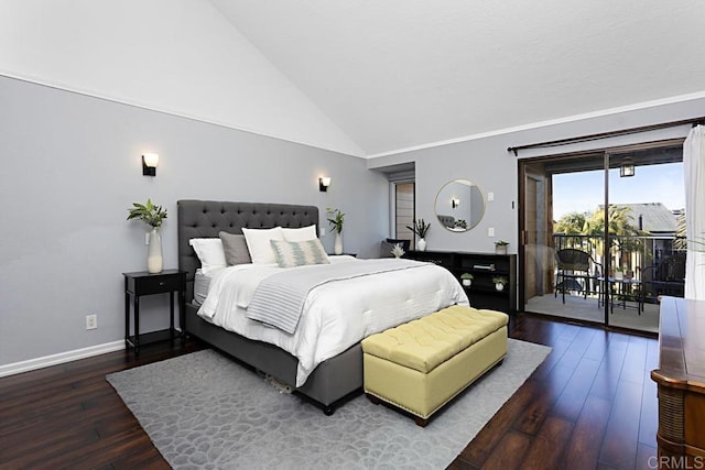 bedroom with baseboards, hardwood / wood-style flooring, high vaulted ceiling, and access to outside