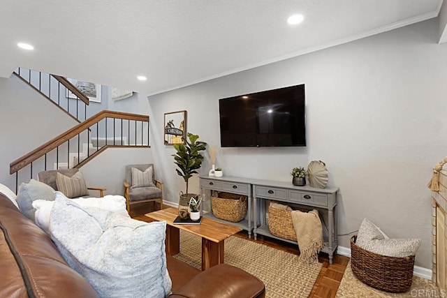 living room featuring recessed lighting, crown molding, stairs, and baseboards