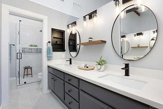 bathroom featuring visible vents, a stall shower, toilet, and a sink