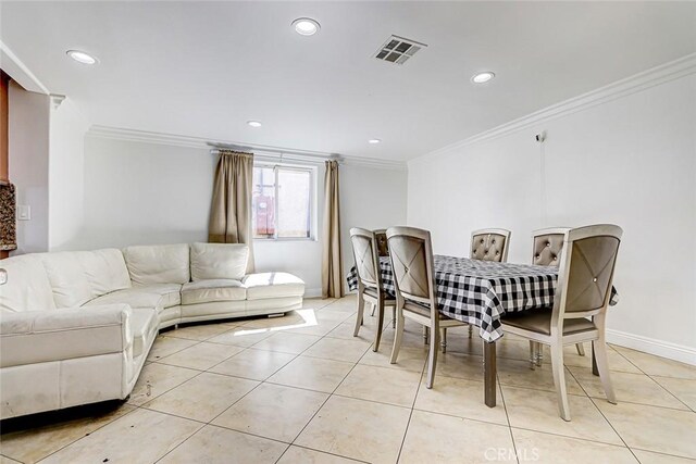 dining area featuring visible vents, recessed lighting, crown molding, light tile patterned floors, and baseboards
