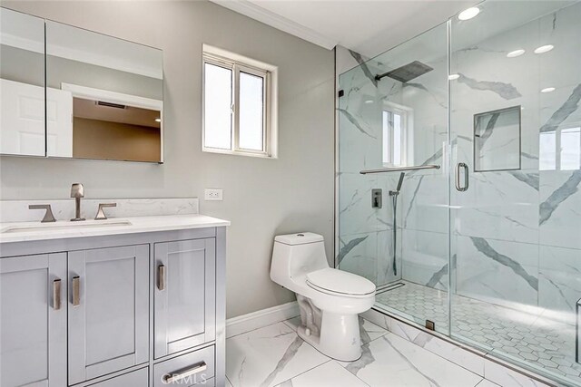 full bathroom with vanity, baseboards, a marble finish shower, toilet, and marble finish floor