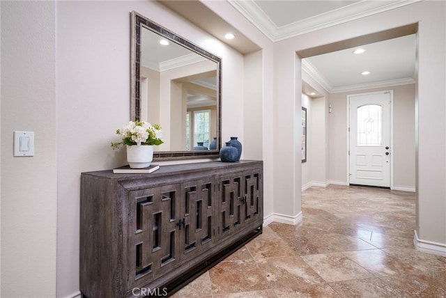 113 Tearose, Irvine, CA 92603 - entryway featuring a healthy amount of sunlight, crown molding, and baseboards