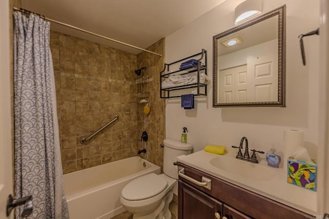 full bath featuring toilet, vanity, and shower / bath combination with curtain