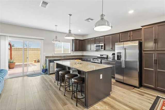 kitchen with dark brown cabinets, stainless steel appliances, a kitchen island, and visible vents