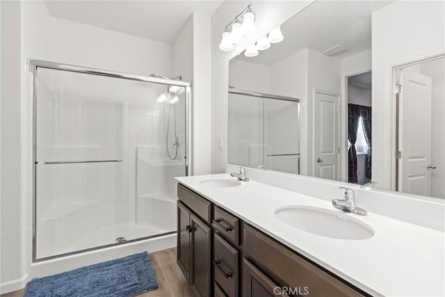 bathroom featuring a sink, double vanity, wood finished floors, and a shower stall