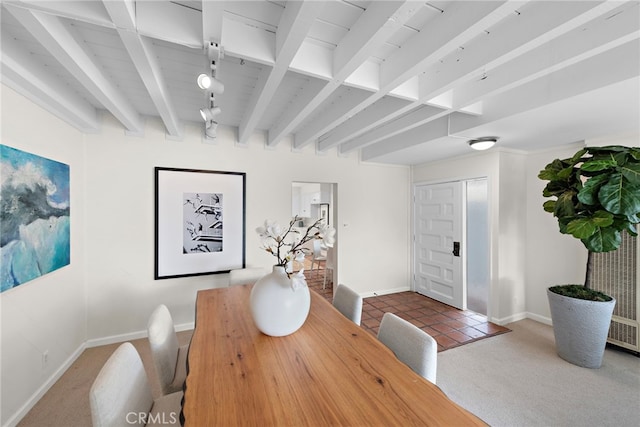 2120 Ocean Way, Laguna Beach, CA 92651 - dining space with rail lighting, beam ceiling, carpet flooring, and baseboards
