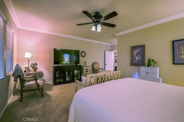 bedroom featuring crown molding, baseboards, ceiling fan, and carpet