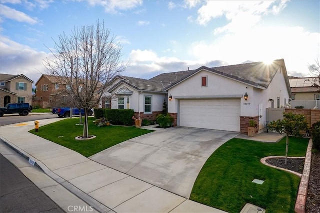 30459 Cowboy Ln, Menifee, CA 92584 - view of front facade with a garage, stucco siding, driveway, stone siding, and a tile roof