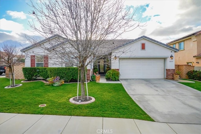 ranch-style house with stucco siding, driveway, a front lawn, and a garage