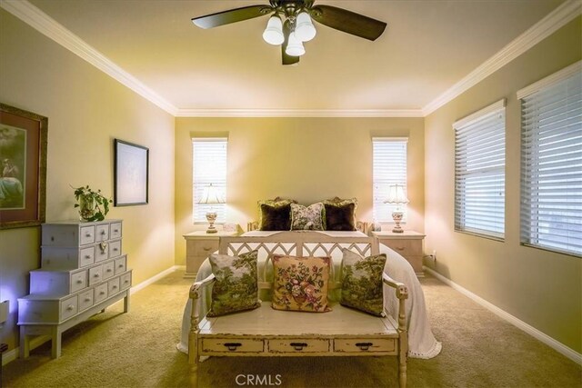 30459 Cowboy Ln, Menifee, CA 92584 - bedroom with carpet, crown molding, baseboards, multiple windows, and a ceiling fan