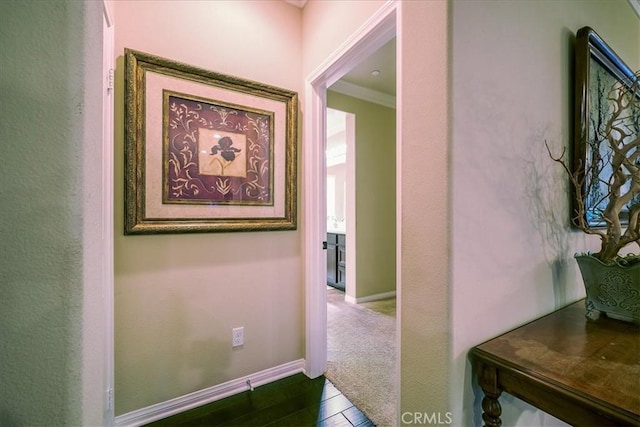hall with baseboards, ornamental molding, and wood finished floors