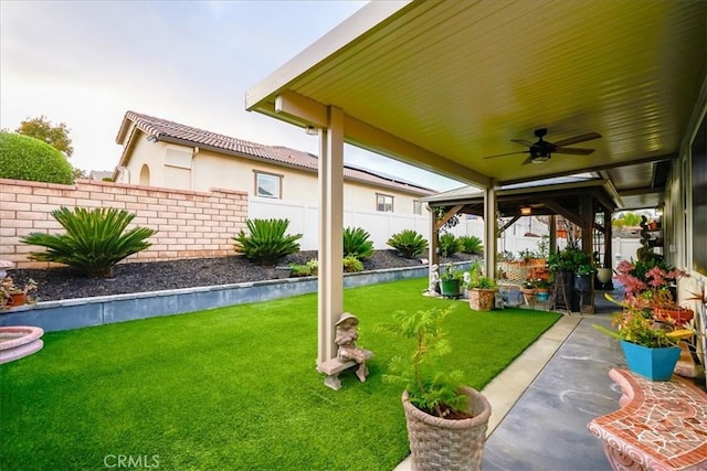 view of yard with a fenced backyard and ceiling fan