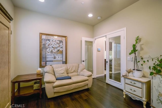 30459 Cowboy Ln, Menifee, CA 92584 - living area featuring french doors, dark wood-style floors, recessed lighting, and baseboards