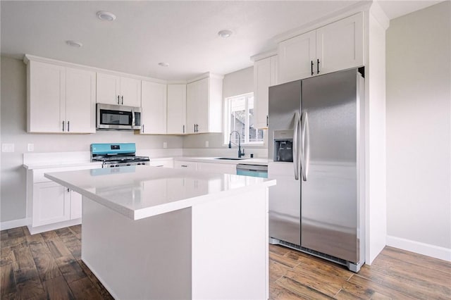 kitchen featuring a center island, wood finished floors, stainless steel appliances, and a sink