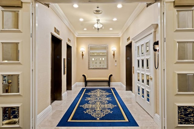 hallway with crown molding, elevator, recessed lighting, and baseboards