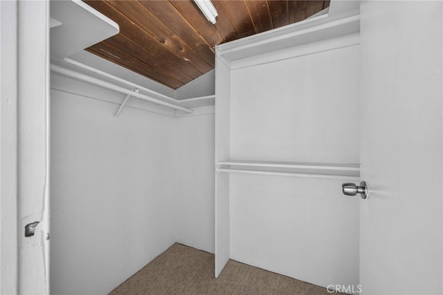 spacious closet featuring lofted ceiling and carpet flooring