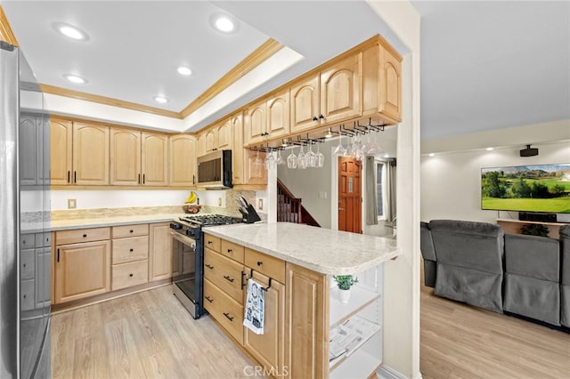 1330 Vista Grande Unit 27, Fullerton, CA 92835 - kitchen with light brown cabinets, appliances with stainless steel finishes, light wood-type flooring, crown molding, and open floor plan