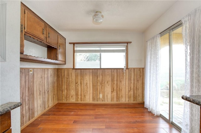 spare room with wood finished floors, wood walls, and wainscoting