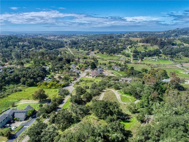 drone / aerial view featuring a forest view