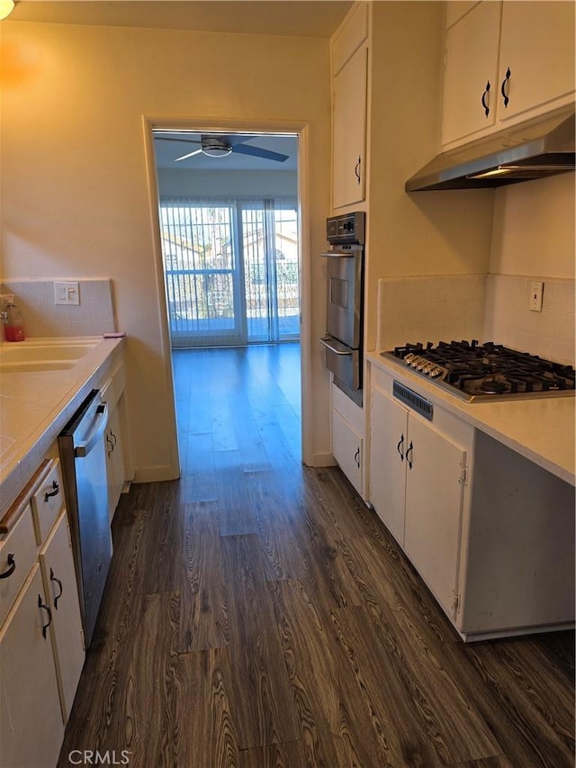 kitchen with a sink, dark wood-type flooring, appliances with stainless steel finishes, under cabinet range hood, and white cabinetry