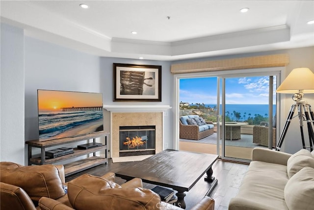 21732 Wesley Dr Unit 6, Laguna Beach, CA 92651 - living room featuring a tray ceiling, wood finished floors, a high end fireplace, crown molding, and recessed lighting