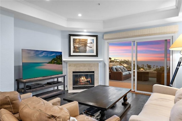 21732 Wesley Dr Unit 6, Laguna Beach, CA 92651 - living area with a tray ceiling, wood finished floors, crown molding, a high end fireplace, and recessed lighting
