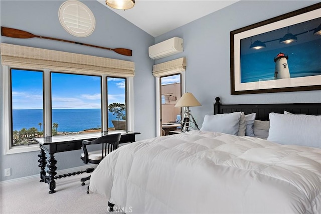 21732 Wesley Dr Unit 6, Laguna Beach, CA 92651 - bedroom featuring a wall mounted air conditioner, carpet flooring, vaulted ceiling, a water view, and baseboards