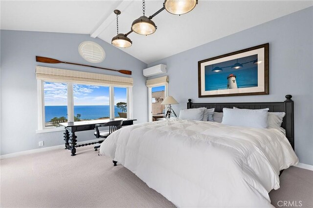 bedroom featuring an AC wall unit, baseboards, vaulted ceiling with beams, and carpet
