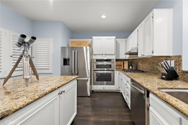 21732 Wesley Dr Unit 6, Laguna Beach, CA 92651 - kitchen featuring stainless steel appliances, under cabinet range hood, white cabinets, light stone counters, and recessed lighting