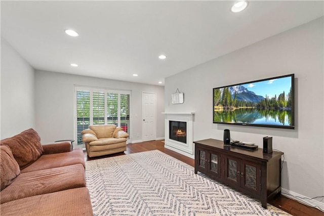 living area featuring recessed lighting, baseboards, wood finished floors, and a glass covered fireplace