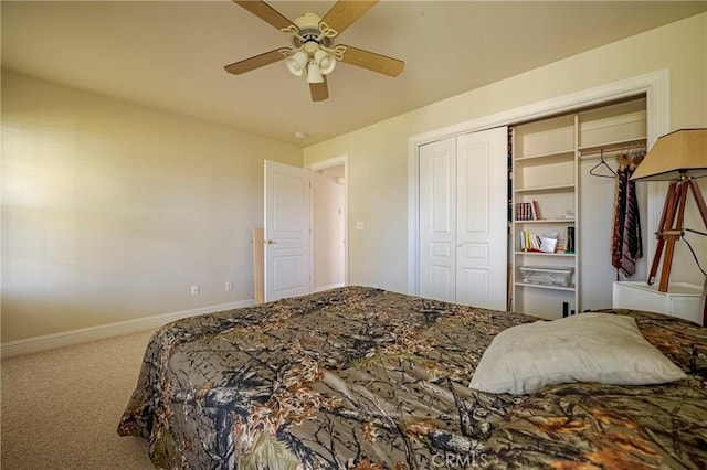 bedroom with carpet, baseboards, a closet, and ceiling fan