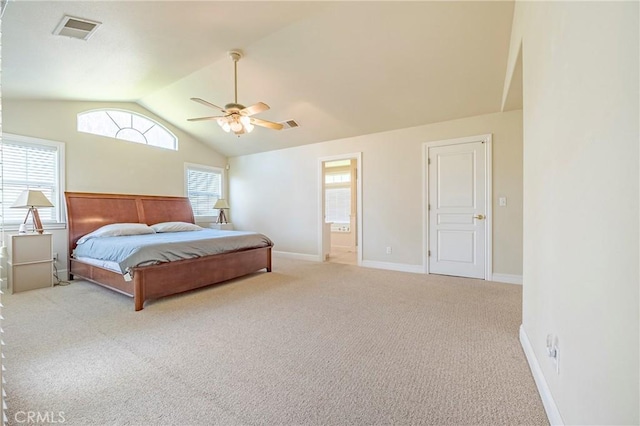 bedroom featuring visible vents, baseboards, lofted ceiling, and carpet