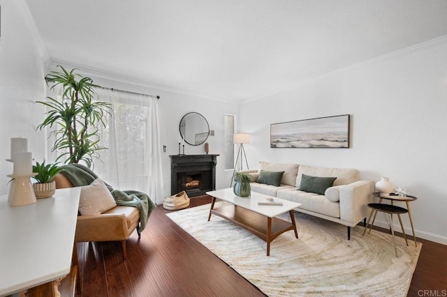 living area with baseboards, a fireplace, wood finished floors, and crown molding