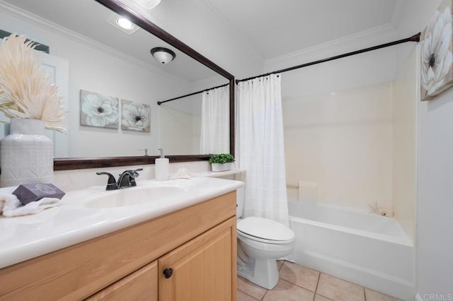 bathroom with tile patterned flooring, crown molding, and toilet