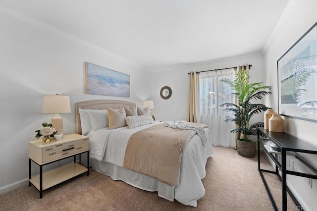 carpeted bedroom featuring ornamental molding