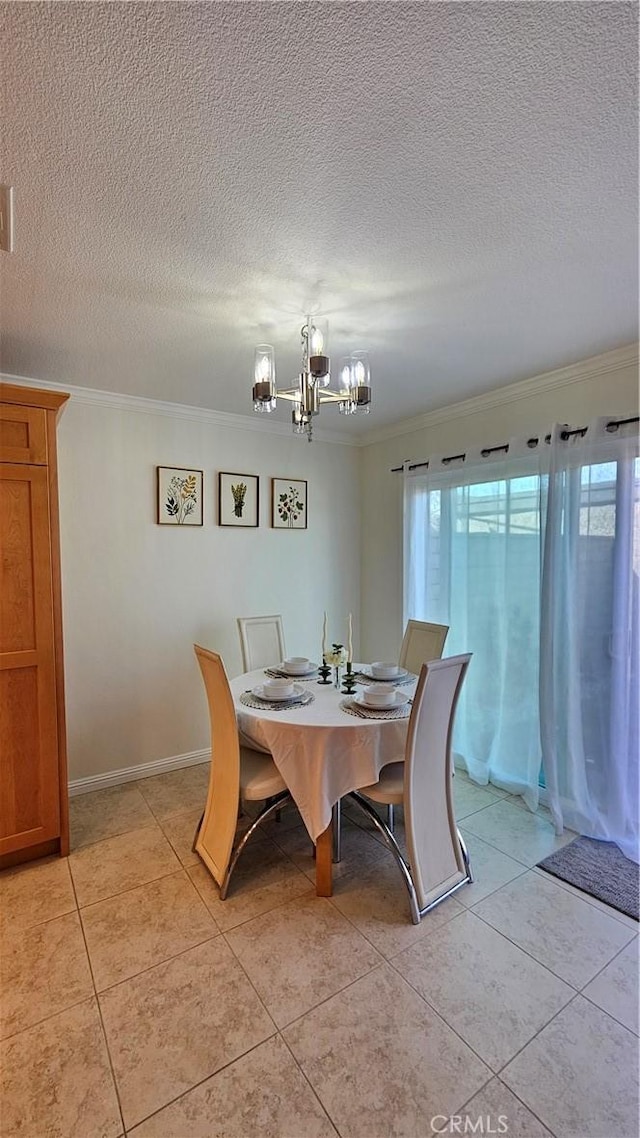 8166 Laguna Ct, Stanton, CA 90680 - dining room featuring crown molding, an inviting chandelier, and a textured ceiling