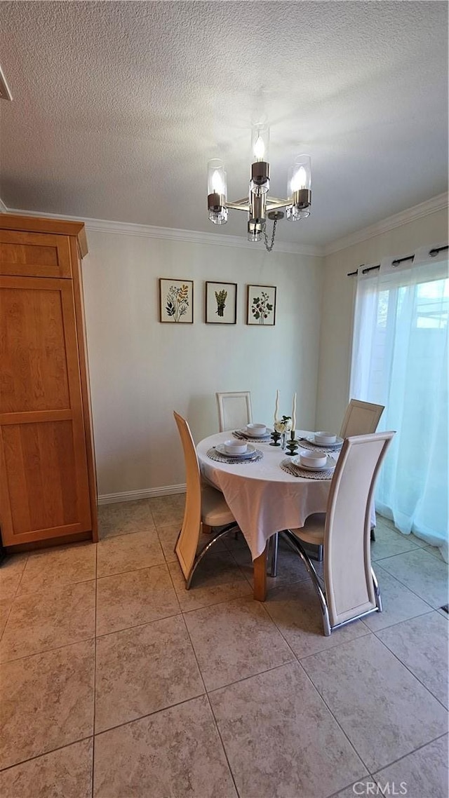 8166 Laguna Ct, Stanton, CA 90680 - dining area with baseboards, ornamental molding, a chandelier, light tile patterned floors, and a textured ceiling