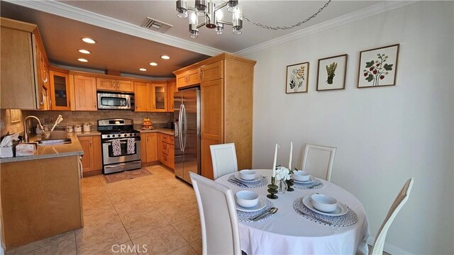 8166 Laguna Ct, Stanton, CA 90680 - dining space with ornamental molding, visible vents, recessed lighting, light tile patterned flooring, and a notable chandelier