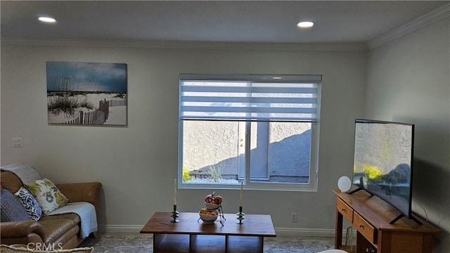 8166 Laguna Ct, Stanton, CA 90680 - living room featuring baseboards, ornamental molding, and recessed lighting