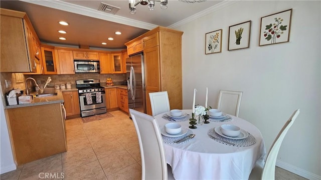8166 Laguna Ct, Stanton, CA 90680 - dining room featuring visible vents, light tile patterned floors, a chandelier, crown molding, and recessed lighting