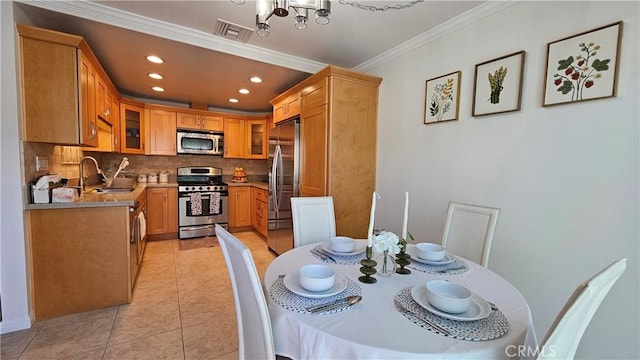 8166 Laguna Ct, Stanton, CA 90680 - dining room with ornamental molding, a chandelier, recessed lighting, light tile patterned floors, and visible vents