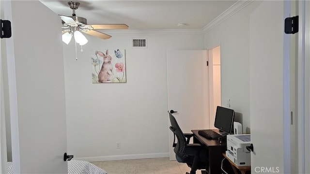 8166 Laguna Ct, Stanton, CA 90680 - home office featuring visible vents, baseboards, a ceiling fan, and ornamental molding