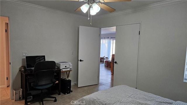 8166 Laguna Ct, Stanton, CA 90680 - bedroom with ornamental molding, baseboards, a ceiling fan, and light tile patterned floors