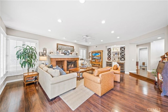 22432 Rosebriar, Mission Viejo, CA 92692 - living room with a ceiling fan, wine cooler, dark wood-type flooring, recessed lighting, and a fireplace