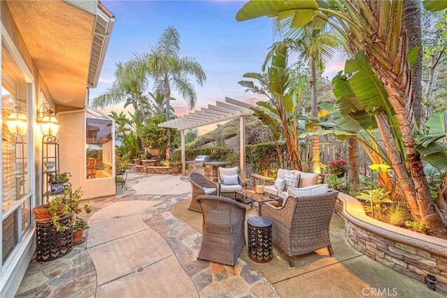 22432 Rosebriar, Mission Viejo, CA 92692 - patio terrace at dusk with a pergola, an outdoor hangout area, a patio area, and an outdoor kitchen