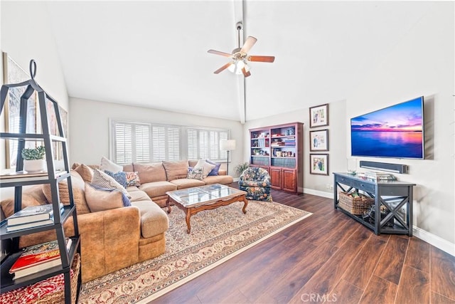 22432 Rosebriar, Mission Viejo, CA 92692 - living area featuring ceiling fan, wood finished floors, and high vaulted ceiling