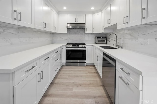 kitchen featuring under cabinet range hood, light wood-style flooring, white cabinets, stainless steel appliances, and a sink