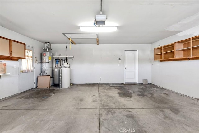 garage with secured water heater and a garage door opener